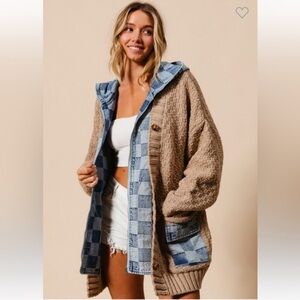Women’s WASHED CHECKER DENIM ZIP UP SWEATER CARDIGAN XL